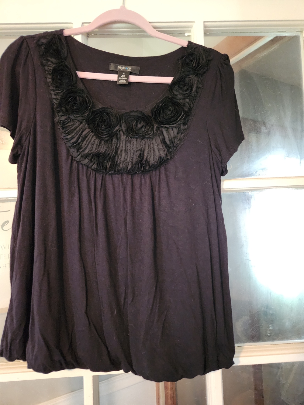 Style & Co. Black Short-Sleeve Scoop Neck Top with Rosette Trim